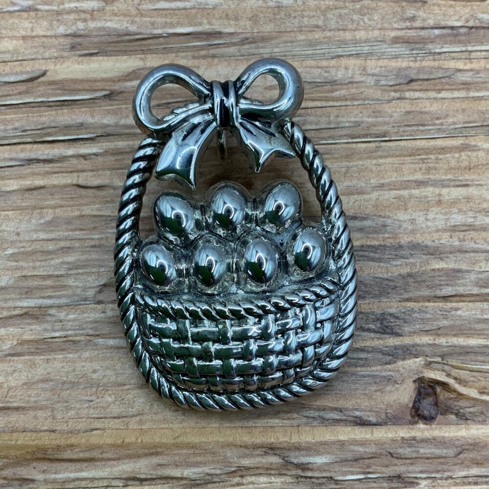 Best Vintage Easter Silver Tone Egg Ribbon Basket Pendant Brooch